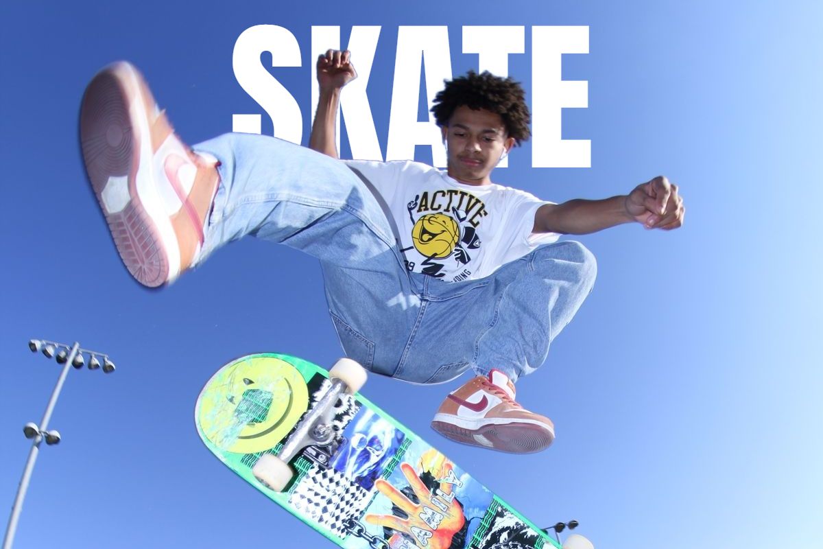 Пример результата: надпись SKATE уходит за человека
